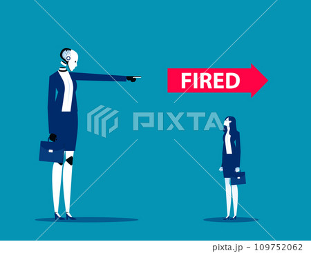 Robot pointing and fired human. Artificial intelligence business vector illustration 109752062