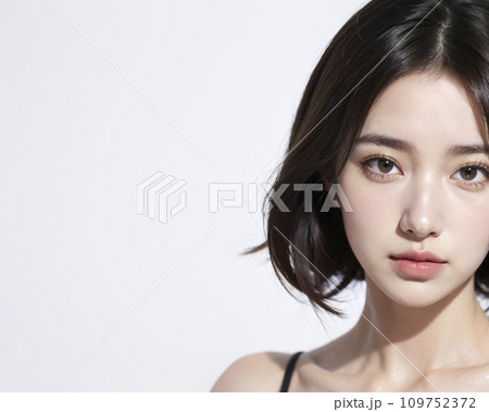 まっすぐ正面を見る黒髪のアジア人女性のポートレート（AI生成画像） 109752372