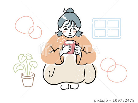 お家の中で毛布に包まり温かい飲み物を飲む女の人。冬の女性のイラスト。お家でのリラックス時間。 109752478