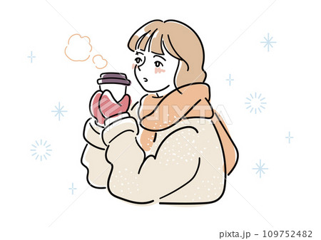 冬の女性のイラスト。寒い外で温かい飲み物を両手で持つ女の人。 冬の女性のイラスト。寒い外で温かい飲み物を両手で持つ女の人。 109752482