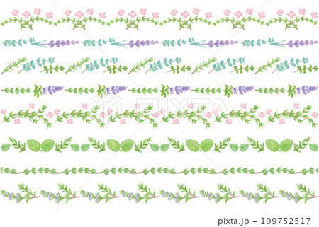 アロマに使われるハーブ・植物のイラスト・フレーム。水彩風ベクター素材 109752517