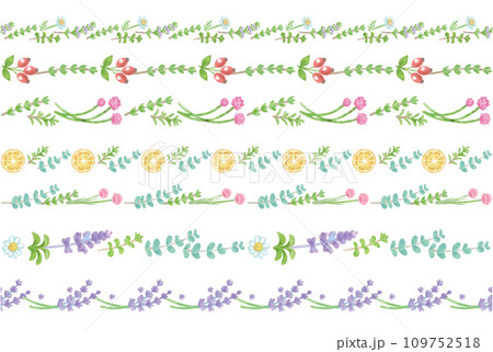 アロマに使われるハーブ・植物のイラスト・フレーム。水彩風ベクター素材 アロマに使われるハーブ・植物のイラスト・フレーム。水彩風ベクター素材 109752518