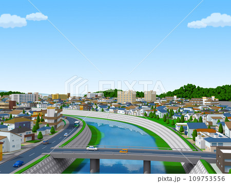 住宅街CG BG　街並み　風景　都会　背景　河川 109753556