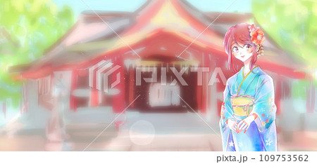振袖を着た女性とアバウトな神社の背景 振袖を着た女性とアバウトな神社の背景 109753562