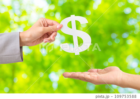 お金の形をした白い紙を渡す女性の手元 109753588