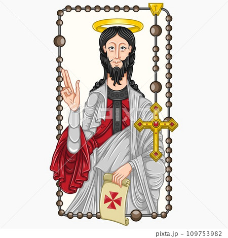 Apostle Santiago with Christian rosary as a frame Apostle Santiago with Christian rosary as a frame 109753982