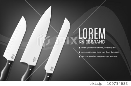 Kitchen knife ad poster with realistic metal knives and text 109754688