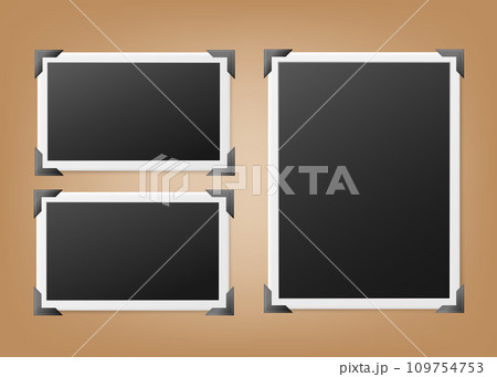 Template for a photo album page with empty vertical and horizontal photos. 109754753
