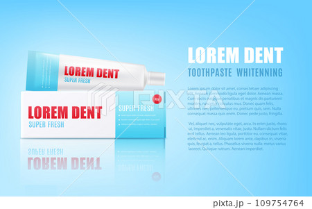 Toothpaste advertising poster template realistic 3d vector illustration. 109754764