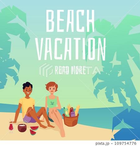 Cartoon couple on beach vacation picnic by the sea sitting on sand 109754776