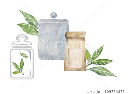 Watercolor hand drawn illustration. Porcelain tea pot cups paper bag green leaves storage jar. Isolated on white background. For invitations, cafe, restaurant food menu, print, website, cards Watercolor hand drawn illustration. Porcelain tea pot cups paper bag green leaves storage jar. Isolated on white background. For invitations, cafe, restaurant food menu, print, website, cards 109754873