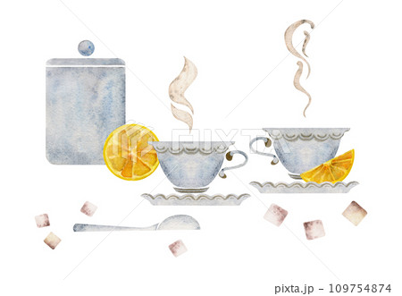 Watercolor hand drawn illustration Porcelain tea cups, storage jar, crockery, sugar cubes lemon slices. Isolated on white background. For invitations, cafe, restaurant food menu, print, website, cards 109754874