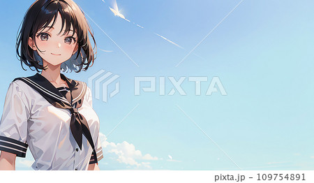 制服を着た女の子のイラスト 青空背景 右スペース「AI生成画像」 制服を着た女の子のイラスト 青空背景 右スペース「AI生成画像」 109754891