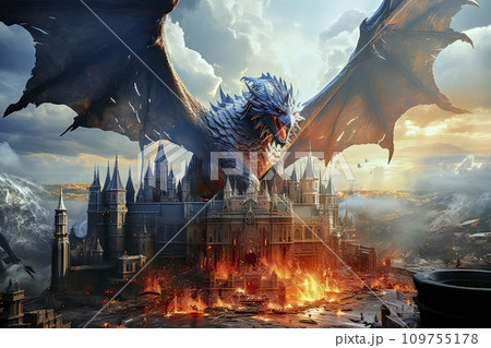 A Massive Dragon with Torn Wings Stands Behind a Blazing Cathedral and Castle with Fire A Massive Dragon with Torn Wings Stands Behind a Blazing Cathedral and Castle with Fire 109755178