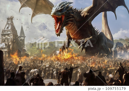 A Mighty Dragon Battles a Large Crowd of People Engulfed in Flames A Mighty Dragon Battles a Large Crowd of People Engulfed in Flames 109755179