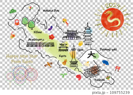 京都の観光地のイラストマップ年賀状2024年 109755239