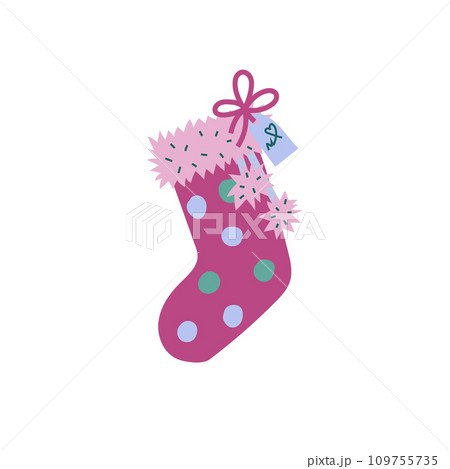 Christmas stocking. A colorful flat illustration of a polka dot red sock, hanging, with pink fur trimming and a note tied with ribbon. Isolated on a white background. Christmas stocking. A colorful flat illustration of a polka dot red sock, hanging, with pink fur trimming and a note tied with ribbon. Isolated on a white background. 109755735