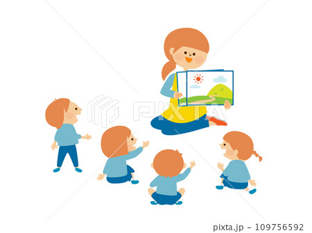紙芝居 読み聞かせをする先生と幼稚園児たち イラスト素材 紙芝居 読み聞かせをする先生と幼稚園児たち イラスト素材 109756592