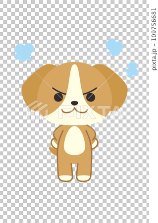 Illustration of a cute angry dog with his hands on his hips, whole body, white background, vector clip art 109756681