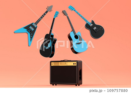 Set of electric acoustic guitars and amplifiers on orange background 109757880