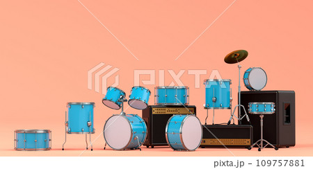 Set of electric acoustic guitars, amplifiers and drums with cymbal on orange 109757881