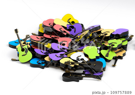 Heap of flying acoustic guitars isolated on white background. 109757889