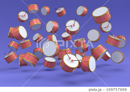 Many of flying drums or drumset on violet background 109757899