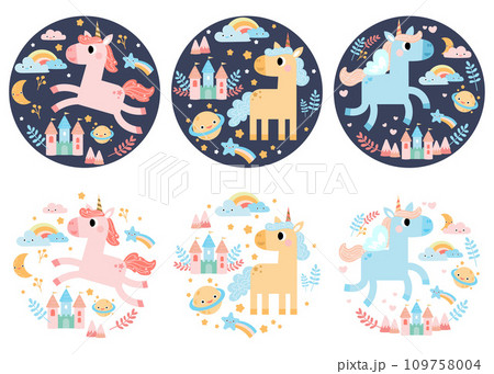 Cute unicorns, Pony or horse with magical, Unicorns illustration with rainbow, stars, hearts, clouds, castle in cartoon style. 109758004