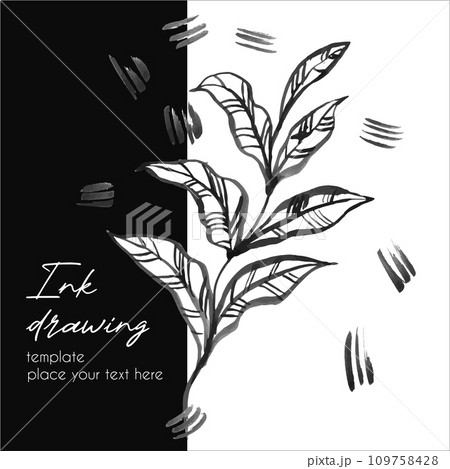 Minimalist black and white wedding invitation card template design, leaves line art ink drawing on white. Instagram template design for post square. 109758428