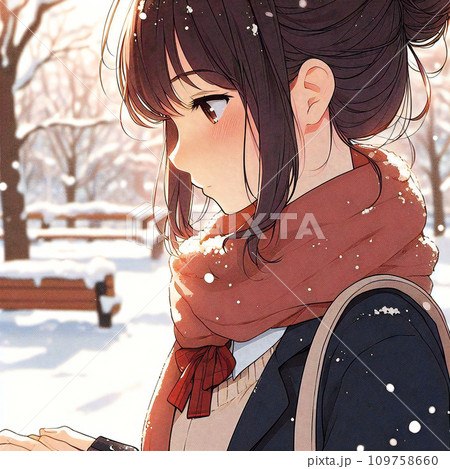 冬の公園に佇む横顔の女の子のイラスト 109758660