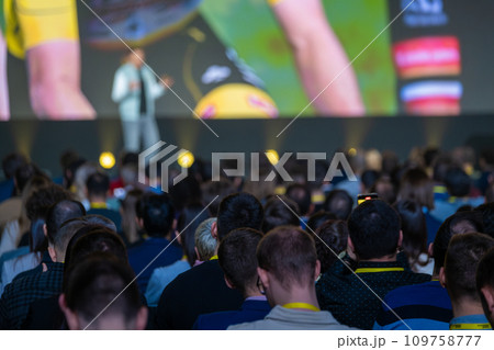 Male speaker giving presentation to diverse businesspeople in conference hall during global seminar Male speaker giving presentation to diverse businesspeople in conference hall during global seminar 109758777