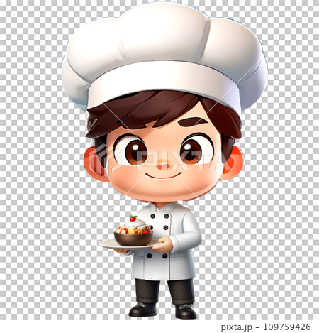 Smiling Chef cartoon character holding foods Smiling Chef cartoon character holding foods 109759426