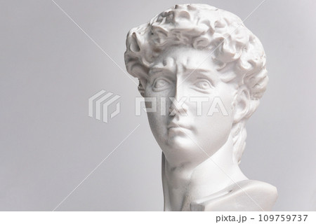 Statue. On a white isolated background. Gypsum statue of David's head. Man. 109759737