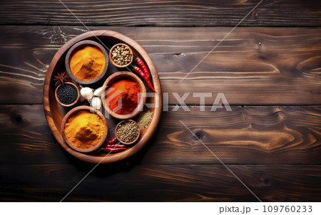 Set of various spices, cardamom, paprika, peppers, garlic, turmeric in bamboo bowls on a dark wooden background 109760233