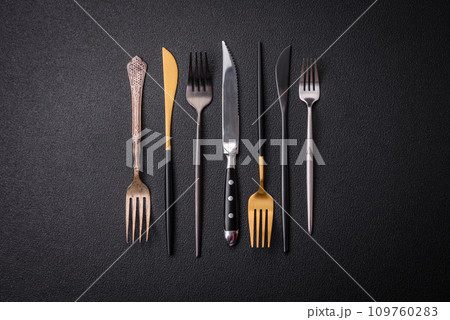 Kitchen knife and fork made of steel with copy space 109760283