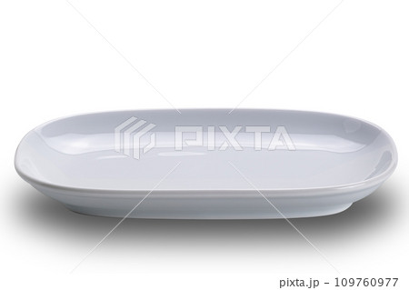High angle view or flat lay of single empty white ceramic tray. 109760977