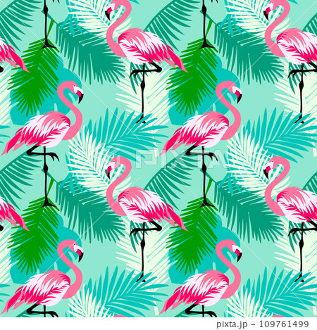 Seamless floral vector summer pattern with tropical jungle leaves, flamingo 109761499