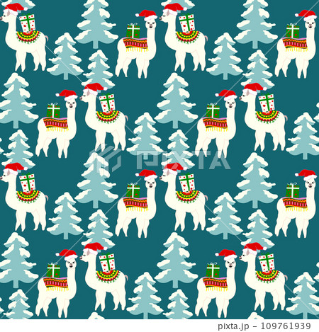 Christmas seamless pattern with cute llamas in hats Christmas seamless pattern with cute llamas in hats 109761939