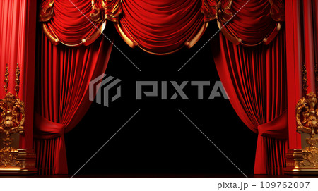 豪華な金色の装飾と赤いカーテンの舞台背景 109762007