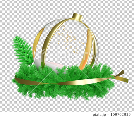 3d snow ball, ornaments glass transparent with wreath pine leaves, pine tree, snowflake, confetti, christmas tree. merry christmas and happy new year, 3d render illustration 109762939