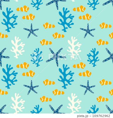 Seamless pattern with coral reef, anemone fish and starfish. Underwater background. 109762962
