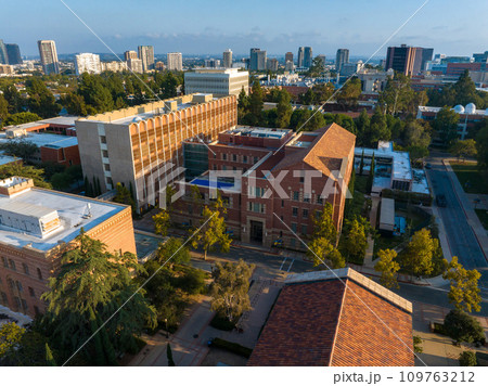 Aerial view of a vibrant university campus in the USA, blending traditional red-brick with modern glass buildings, nestled among urban and green spaces under a blue sky. Aerial view of a vibrant university campus in the USA, blending traditional red-brick with modern glass buildings, nestled among urban and green spaces under a blue sky. 109763212