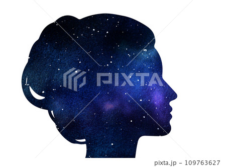 Illustration of woman head silhouette with space watercolor Illustration of woman head silhouette with space watercolor 109763627