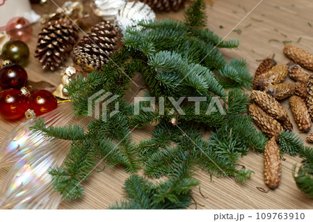 Homemade Craft christmas tools and decorations on table Homemade Craft christmas tools and decorations on table 109763910