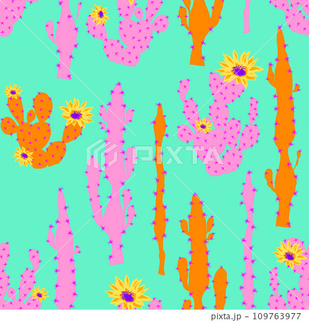 Seamless vector pattern with neon cactus and flower. Cute succulent cacti background 109763977
