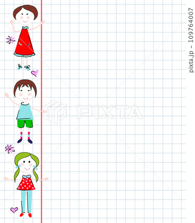 Notebook paper with girls and boys drawings 109764007
