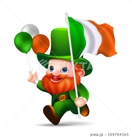 St. patricks Leprechaun holding ireland flag and balloons 109764163
