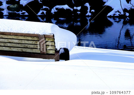 雪で埋まった公園のベンチのある風景 109764377
