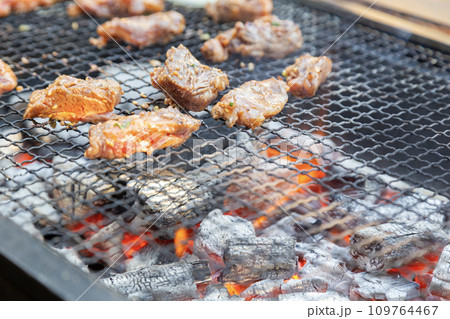 バーベキューで焼かれる肉 109764467