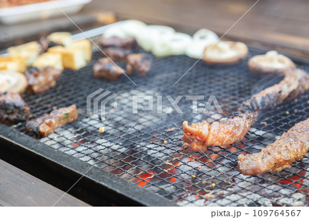 バーベキューで焼いた肉 109764567
